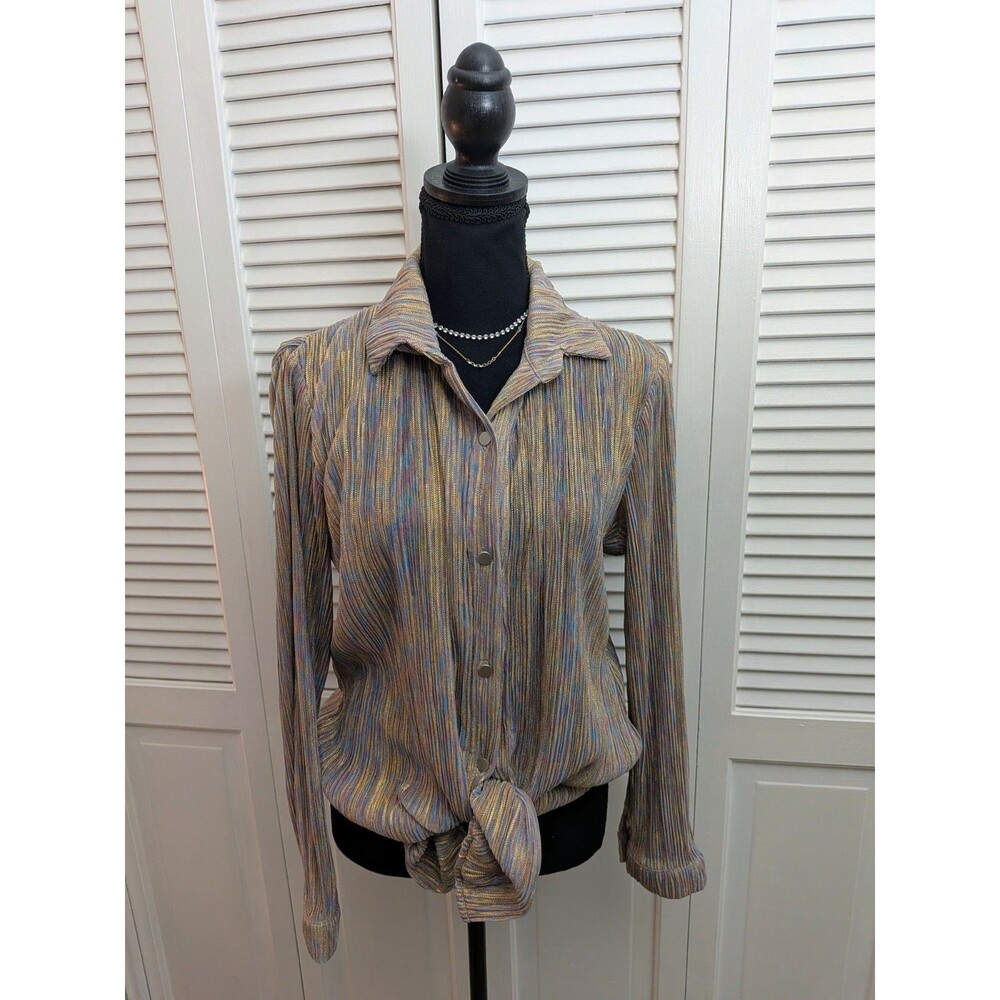 A.Z.I  New York Blouse Women's XS Gold Rainbow Plisse Tie Top Retro Glam Striped